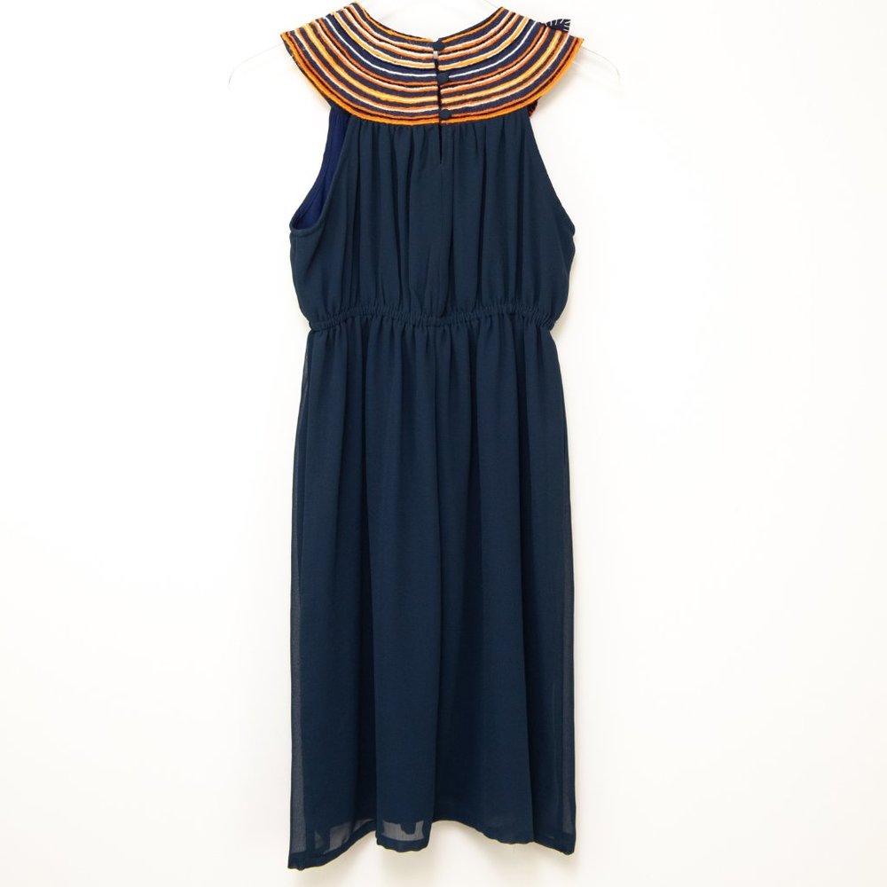 Judith March Blouson Dress Flower Appliqué Yarn Neckline Multicolor Blue Medium - Picture 2 of 7